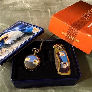 Eagle Design Pocket Watch and Knife Set - Blue and Gold